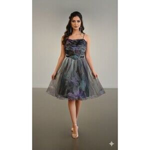 Teri Jon Women’s Cocktail Dress Size 8 – Floral Tulle Overlay, Beaded Waist, NWT